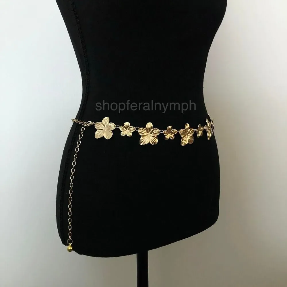 Vintage Y2K Boho Gold Flower Chain Belt, Fits 12.5–36 Inches, X7GA1179